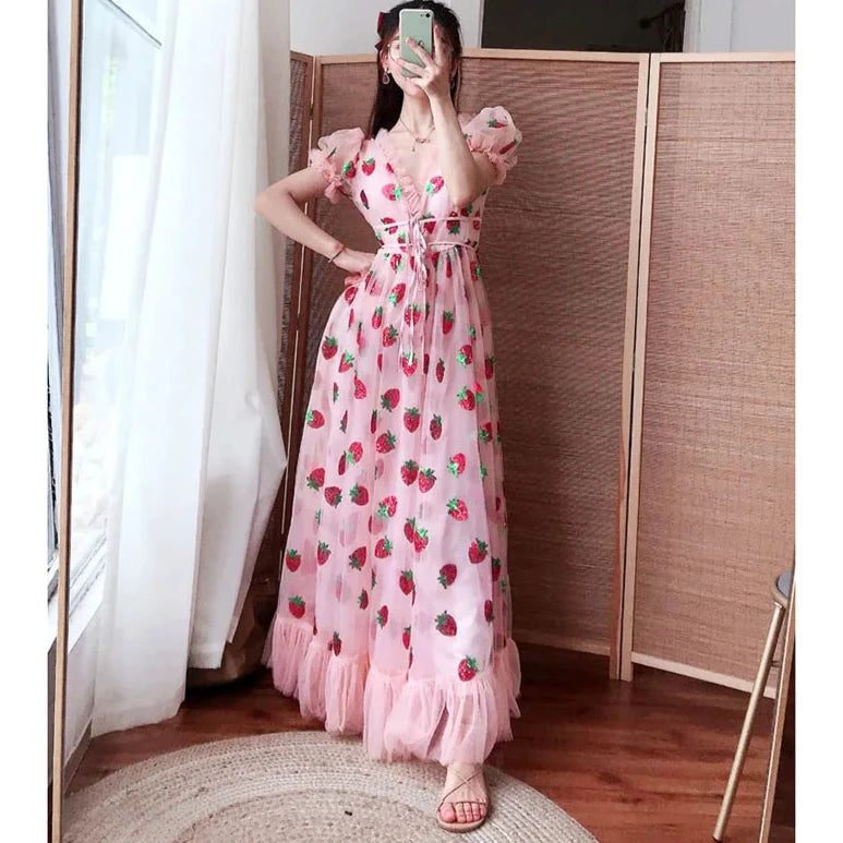 New In Sequined Strawberry Mesh Pleated Maxi Dress