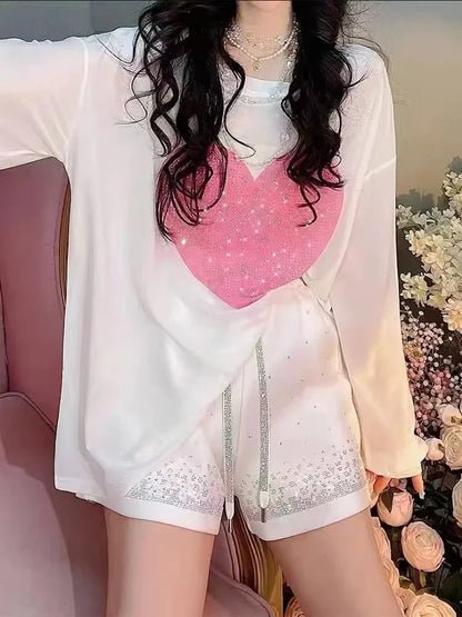 Plus Size Y2K Pink Shine Rhinestone Women’s Shorts | High-Waist Summer Hot Shorts