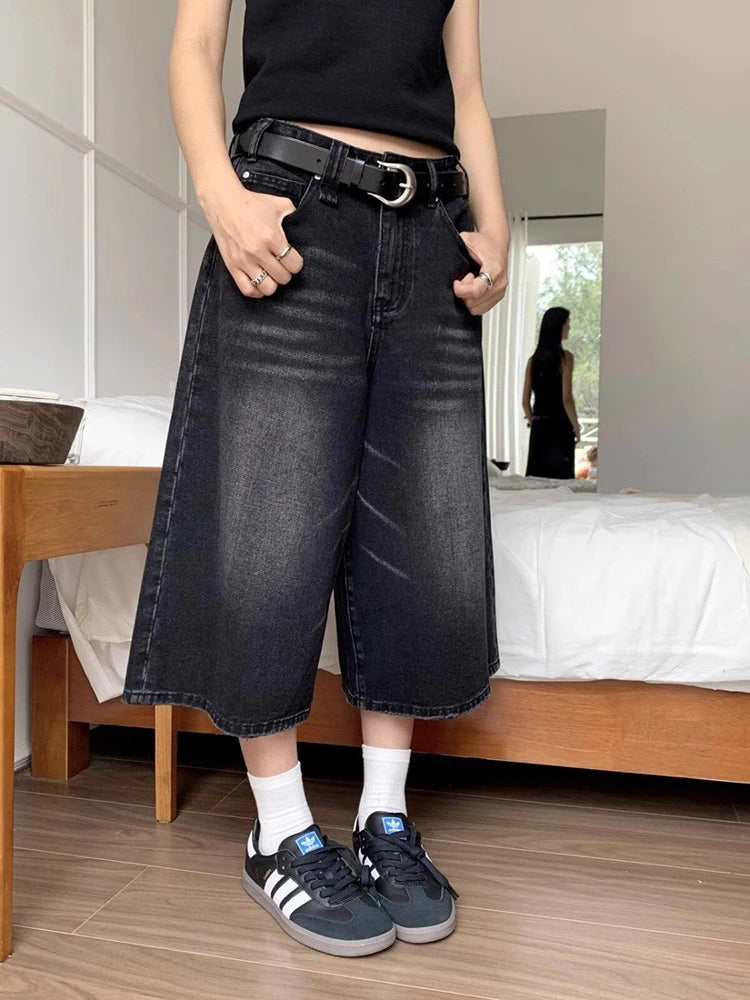 High Waist Black Retro Washed Denim Shorts Women&