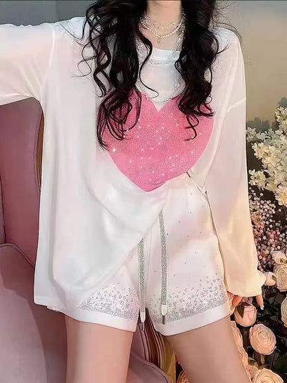 Plus Size Y2K Pink Shine Rhinestone Women’s Shorts | High-Waist Summer Hot Shorts