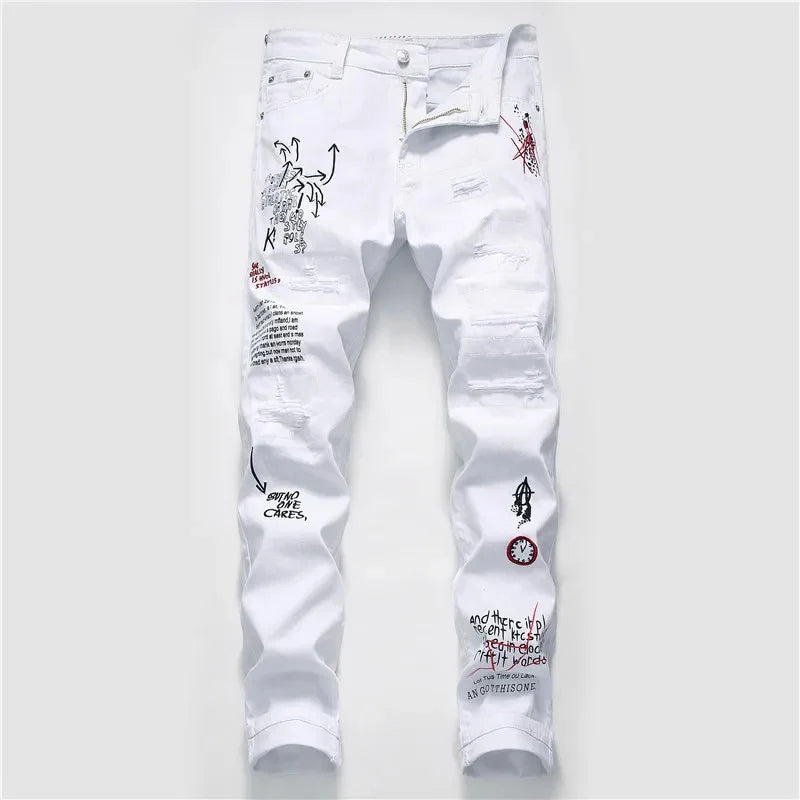 Men’s Ripped Printed Skinny Jeans | Hip Hop Streetwear Denim Pants