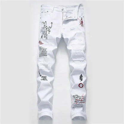 Men’s Ripped Printed Skinny Jeans | Hip Hop Streetwear Denim Pants