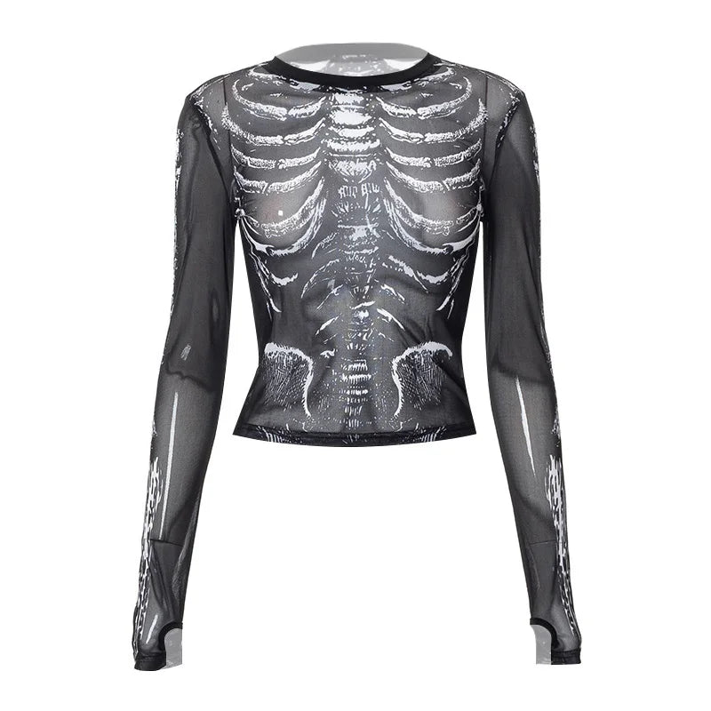 Gothic Punk Shirt Women Skeleton Pattern Crop Top