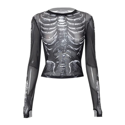 Gothic Punk Shirt Women Skeleton Pattern Crop Top