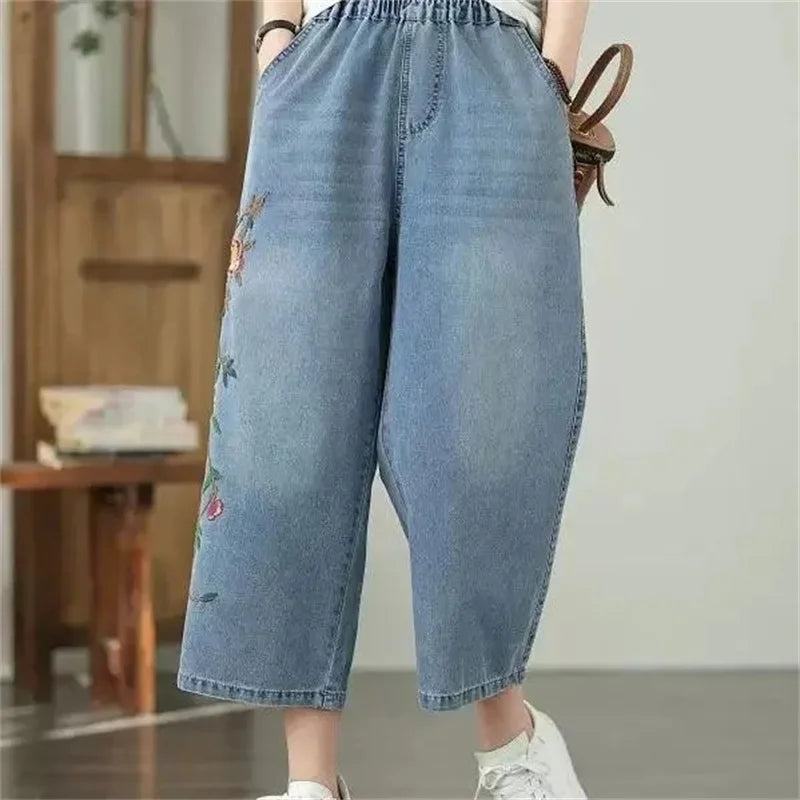 Artistic retro Heavy industry Embroidered Denim Wide leg Pants Spring Summer 2025 New Women&