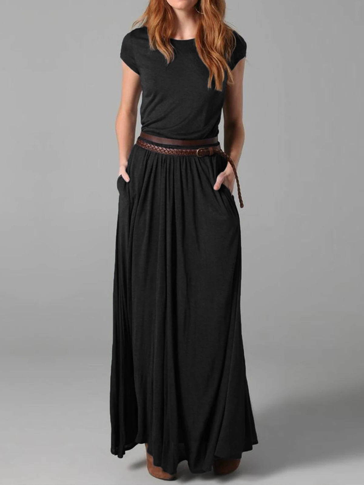 Elegant Solid Color Crew Neck Maxi Dress with Pockets for Office and Casual Wear