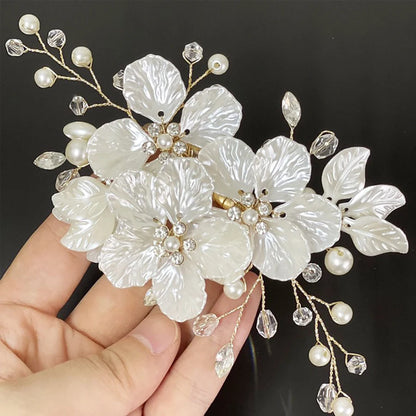 White Handwoven Flower Hair Clip with Pearls &amp; Crystals