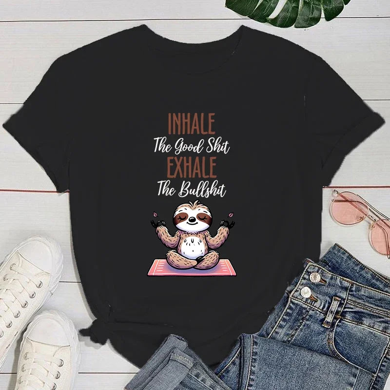 Women’s Yoga Sloth Letter T-Shirt | Casual Harajuku Aesthetic Short Sleeve Tee