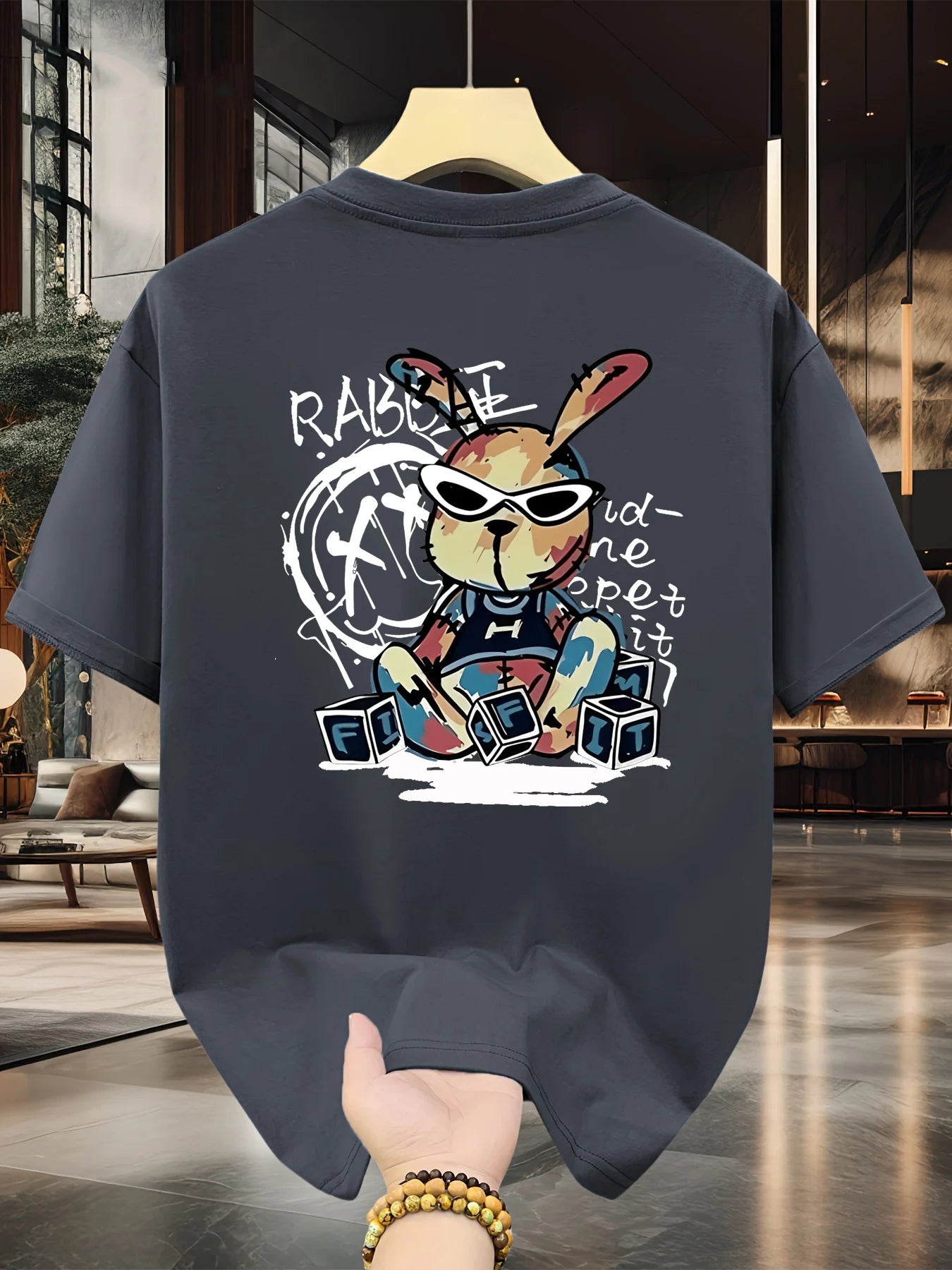 Men’s Summer Cotton Cartoon T-Shirt | Black Rabbit Print