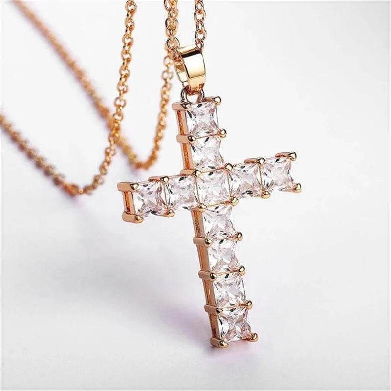 Golden Multicolor Crystal Cross Pendant Necklace
