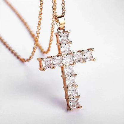 Golden Multicolor Crystal Cross Pendant Necklace