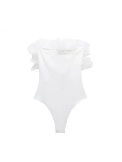 Willshela Women’s Fashion Ribbed Bodysuit with Organza Ruffle