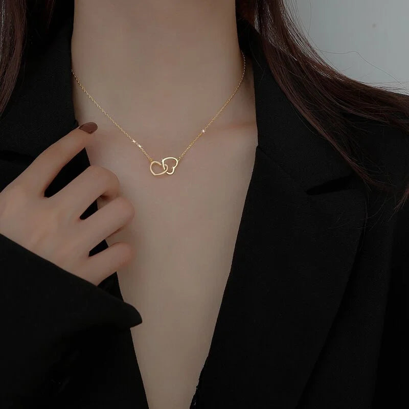 Double Heart Gold Stainless Steel Choker for Women &amp; Couples