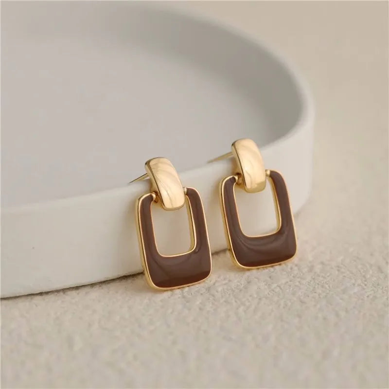 Vintage Brown Hollow Square Drop Earrings
