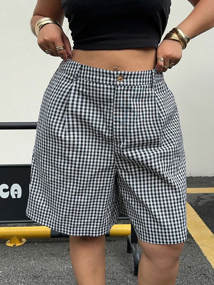Ladies Plus Size Casual Plaid Shorts | Wide Leg Button Fly Summer Trousers