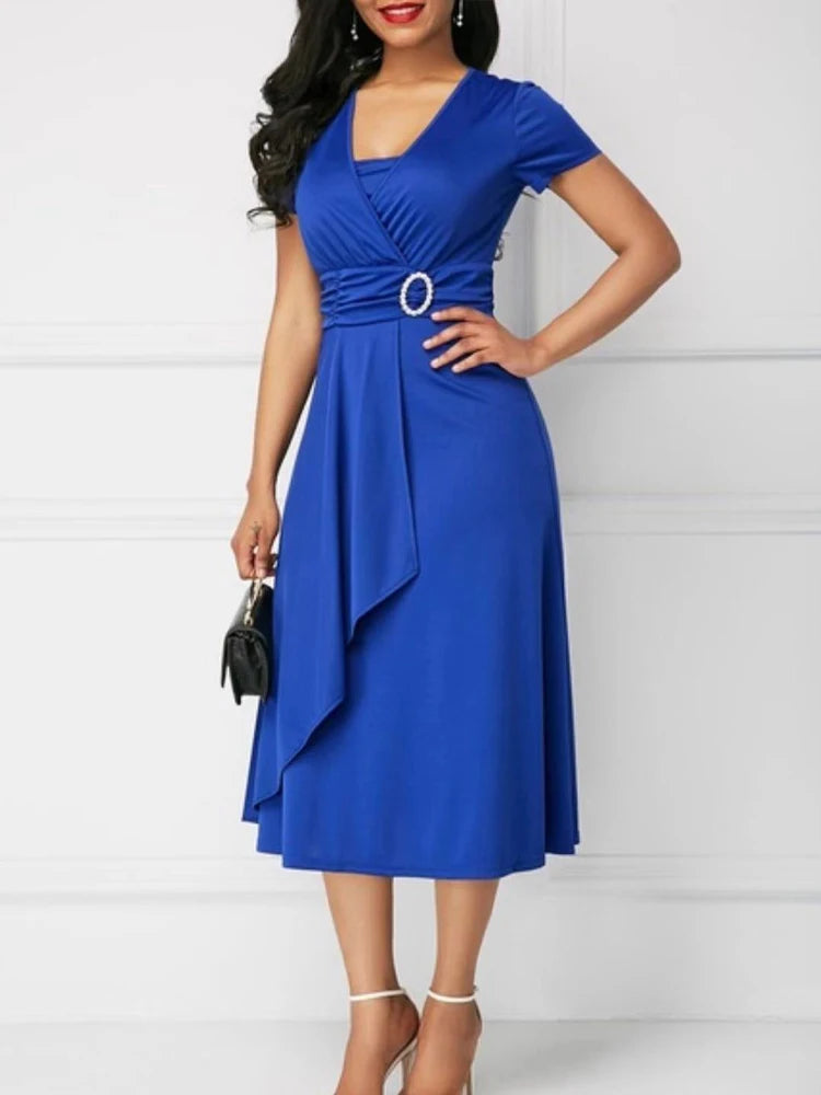 Elegant Women’s Solid Color V-Neck Asymmetric Hem Midi Dress