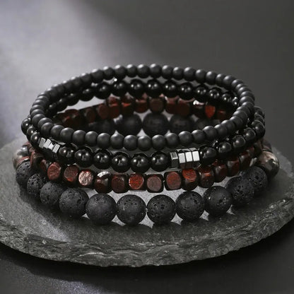 Black Volcanic Stone &amp; Wood Beads Bracelets