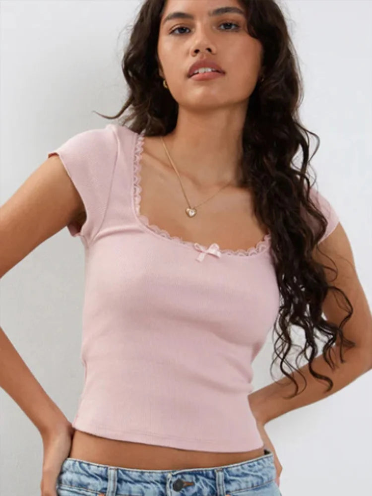 Y2K Vintage Baby Tee – Cottage Lace Trim Knitted T-Shirt