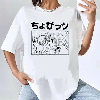 Women’s Kawaii Vintage Cartoon Tee with O-Neck