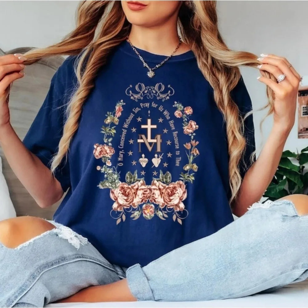 Unisex Virgin Mary Cotton T-Shirt – Short Sleeve Christian Tee