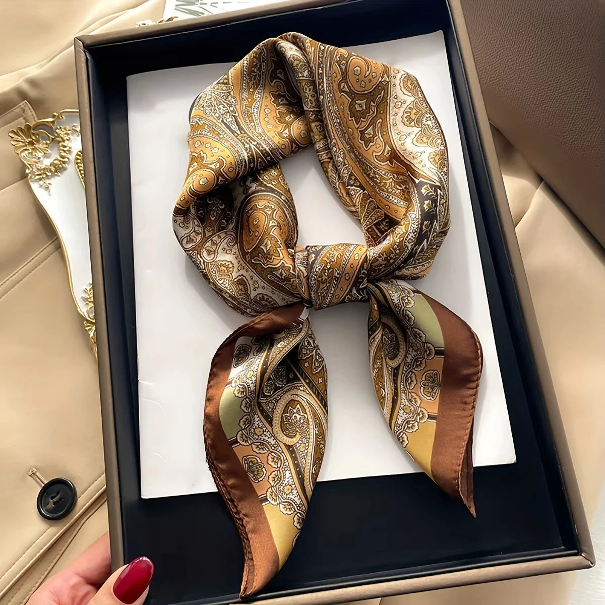 Paisley Print Satin Silk-Feel Windproof Square Scarf