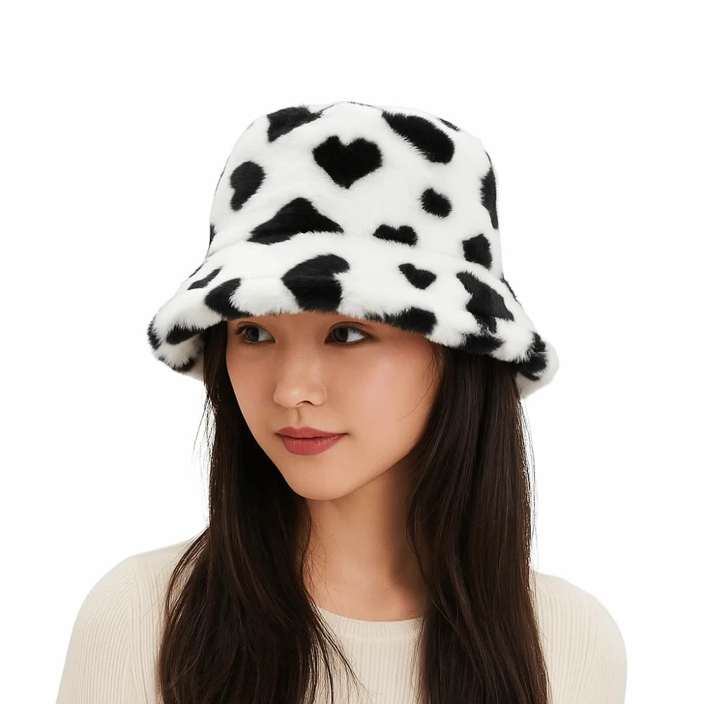Sweet Faux Fur Fisherman Hat | Fluffy Heart Bucket Hat for Winter &amp; Casual Wear