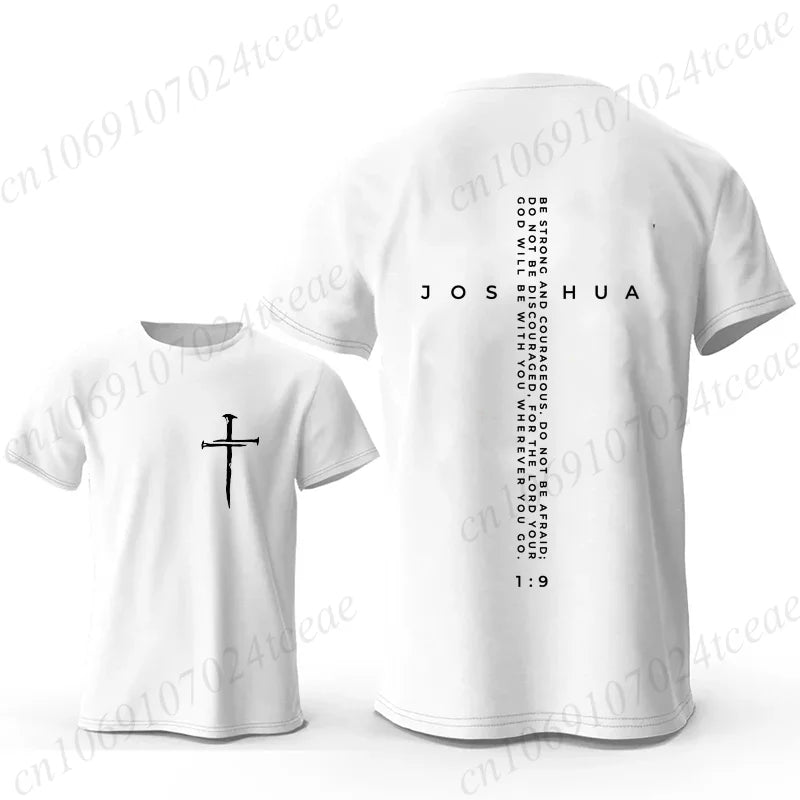 Be Strong and Courageous Bible Verse Tee, Minimalist Cross Christian Shirt T-Shirts, Inspirational Scripture Tops Gift for Faith
