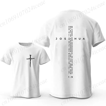 Be Strong and Courageous Bible Verse Tee, Minimalist Cross Christian Shirt T-Shirts, Inspirational Scripture Tops Gift for Faith