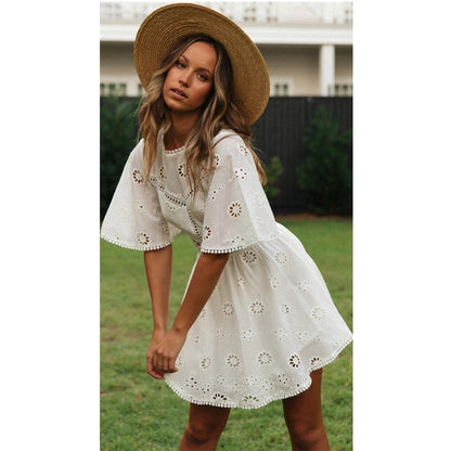 Elegant Cotton Embroidery Hollow Open Back Dress