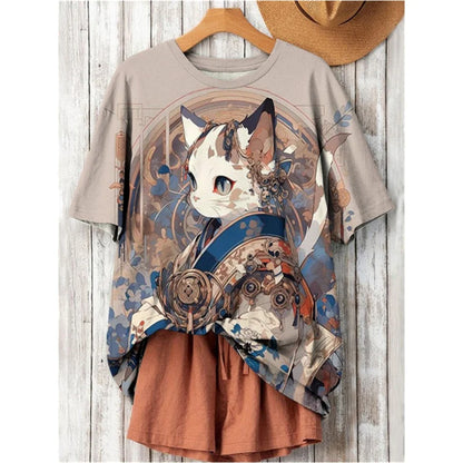 3D Printed Japanese Cat T-Shirt | Harajuku Cartoon Oversized Tee