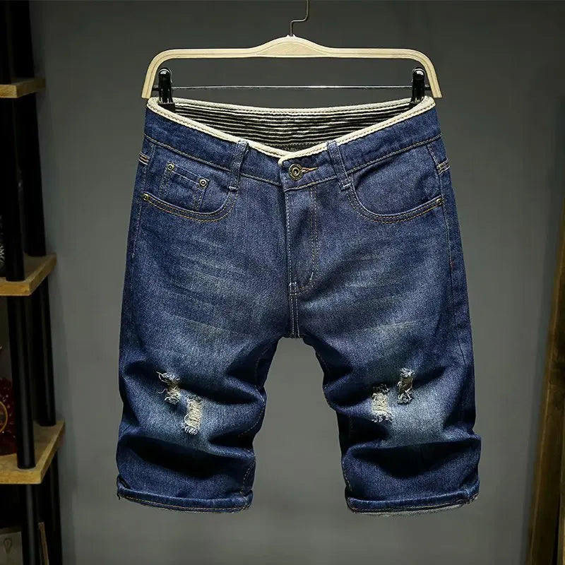 Men Denim Shorts Summer New Style Thin Section Elastic Force Slim Fit Short Jeans Male Brand Clothing Light Blue Retro Blue
