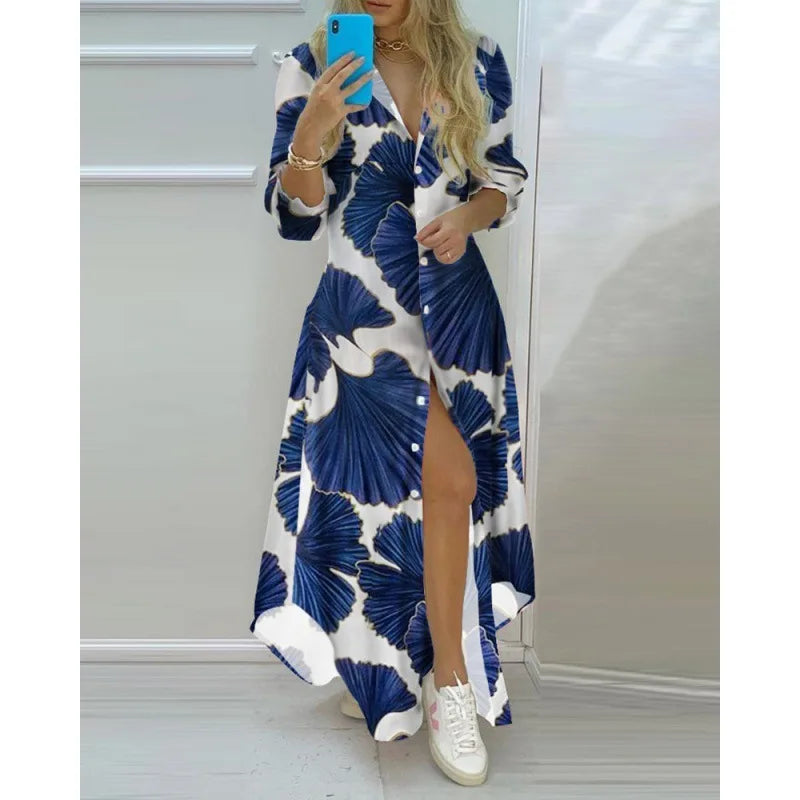 Boho Maxi Dress Turn Down Collar &amp; Long Sleeves