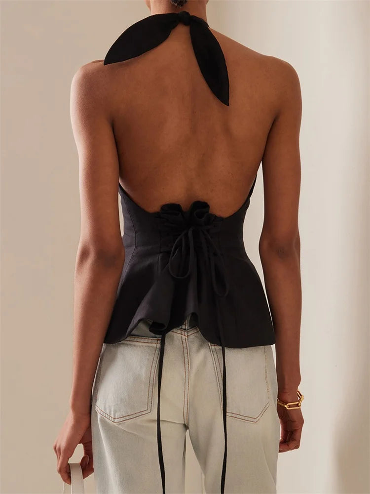 Sexy Women Summer Fashion Tank Tops Solid Color Sleeveless Backless Tie-up Halter Off Shoulder Ruched Vest Streetwear