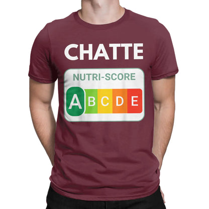 Creative Nutri-Score “A Chatte” Cat Lover T-Shirt | Men’s Funny Cotton Short Sleeve Tee