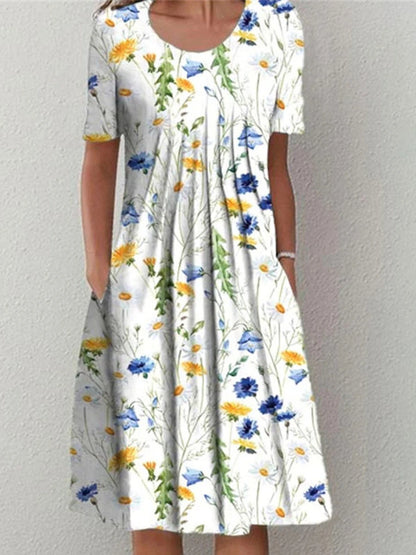 Elegant Printed Women’s Dress Casual Mid Calf