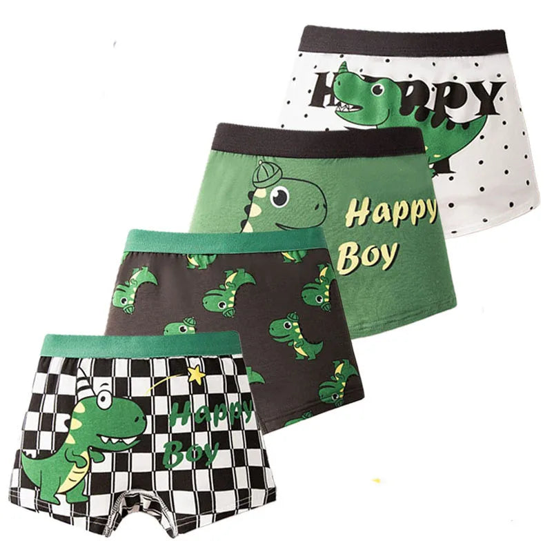 4 Pcs Kids’ Boxer Shorts Set | Cartoon Dinosaur Cotton Underwear