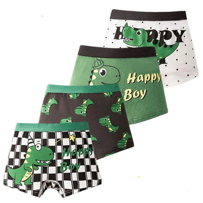 4 Pcs Kids’ Boxer Shorts Set | Cartoon Dinosaur Cotton Underwear