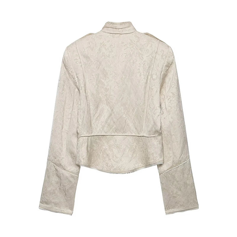 YENKYE New 2026 Women Jacquard Cropped Jacket High Neck Long Sleeve Frayed Trim Vintage Coat