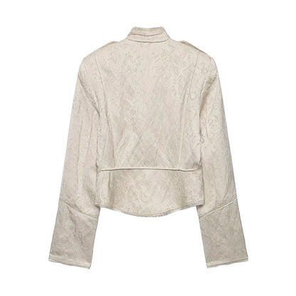 YENKYE New 2026 Women Jacquard Cropped Jacket High Neck Long Sleeve Frayed Trim Vintage Coat