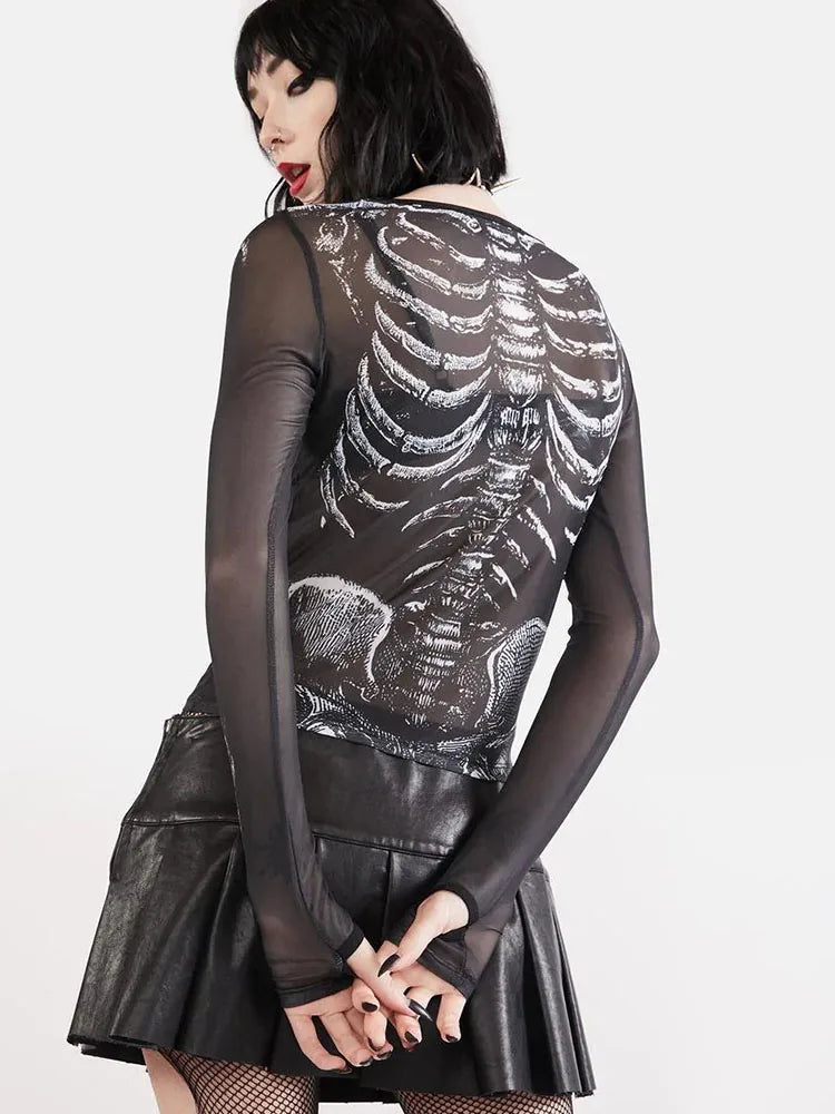 Gothic Punk Shirt Women Skeleton Pattern Crop Top