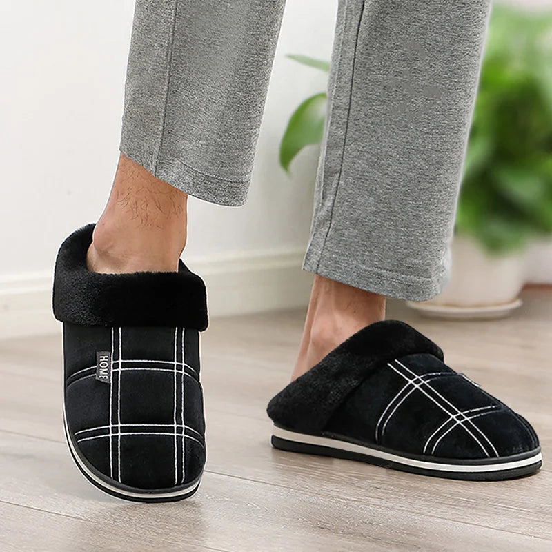 Pmoiste Men’s Soft Flannel Plaid House Slippers – Memory Foam Indoor Shoes