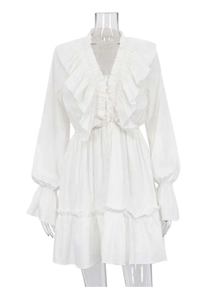 Tossy Ruffled V-Neck White Mini Dress