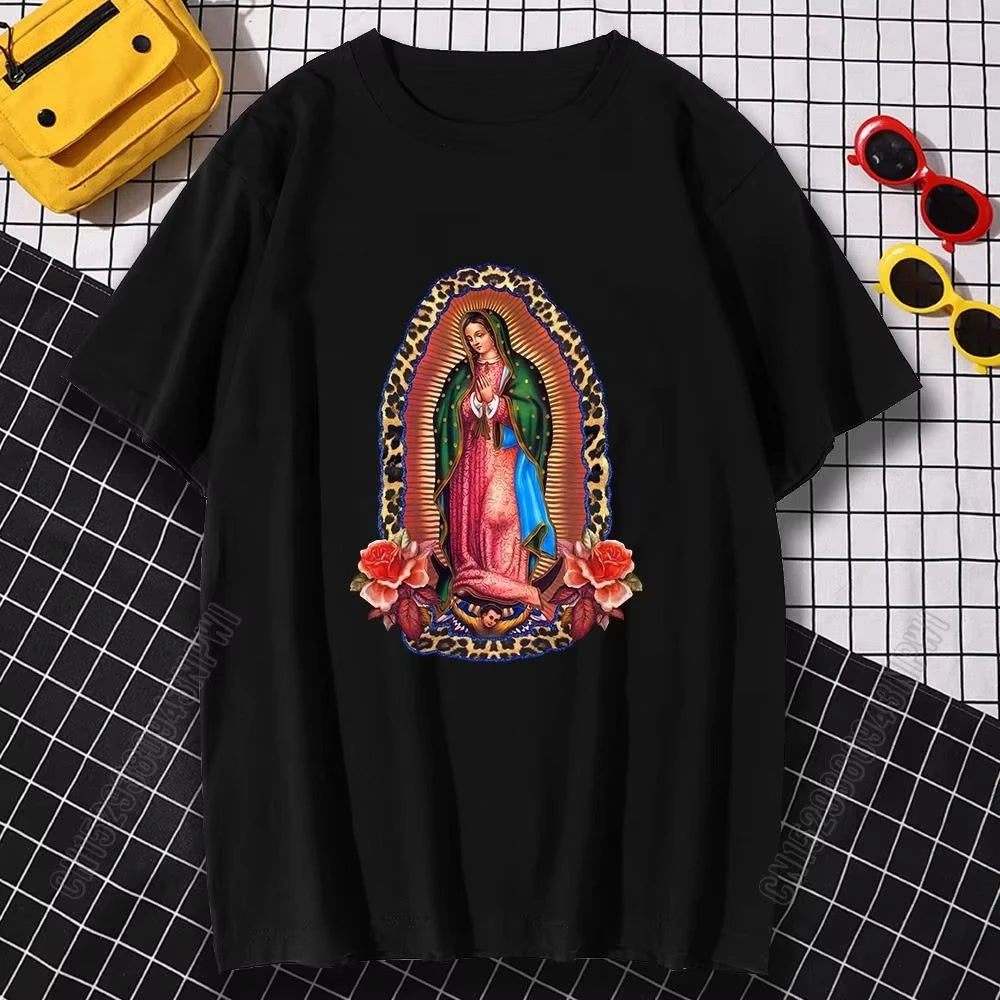 Man Woman T-Shirts Virgin Mary of Guadalupe Cotton Oversized Tops Hip Hop Loose Streetwear Tee Harajuku