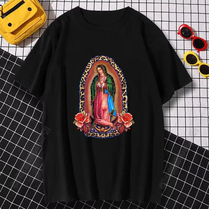Man Woman T-Shirts Virgin Mary of Guadalupe Cotton Oversized Tops Hip Hop Loose Streetwear Tee Harajuku