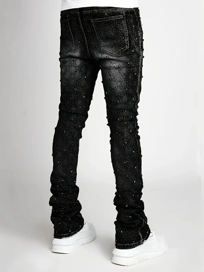 Men’s Pearl-Embellished Straight Leg Denim Jeans | Trendy European &amp; American Style