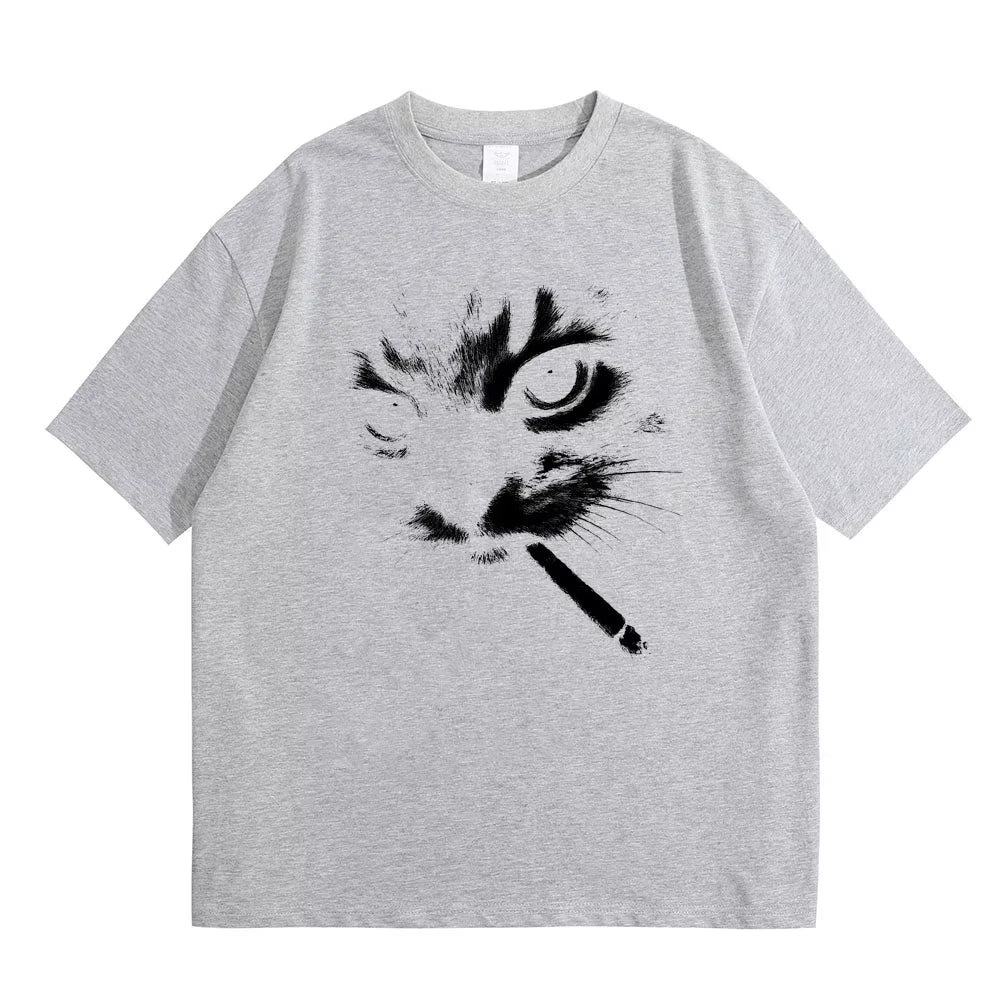 Funny Meme Smoking Cat Face Graphic T-shirts Men Women Casual Cotton Vintage T Shirts Men&