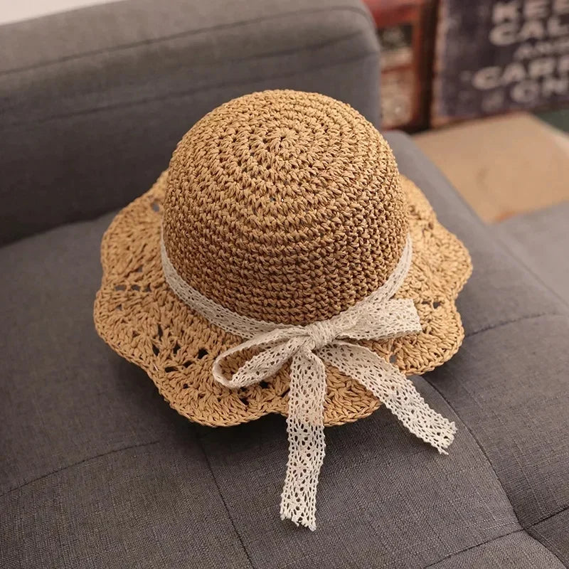 Baby Girl Summer Straw Hat – Lace Bow Sun Cap