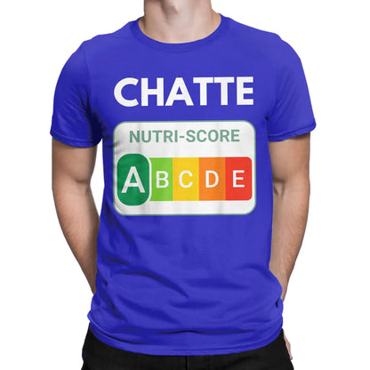Creative Nutri-Score “A Chatte” Cat Lover T-Shirt | Men’s Funny Cotton Short Sleeve Tee