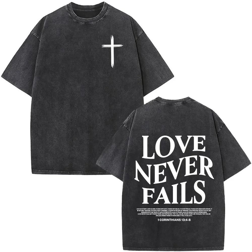 Heart Cross Christian Jesus Faith Over Fear Bible Verse Vintage Washed T-shirts Unisex Fashion Oversized T Shirts Cotton T-shirt