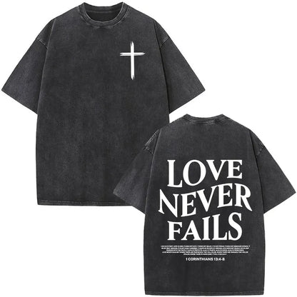Heart Cross Christian Jesus Faith Over Fear Bible Verse Vintage Washed T-shirts Unisex Fashion Oversized T Shirts Cotton T-shirt